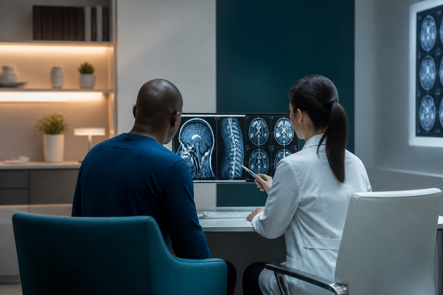 Neurosurgery consultation with brain and spine MRI review