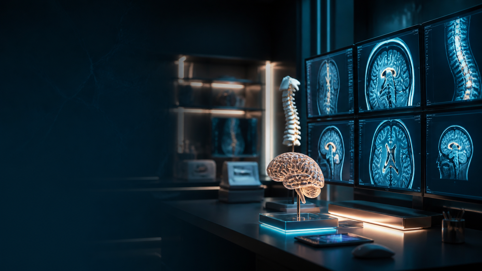 Anatomical brain model beside a wall of MRI and CT scans, representing precise neurosurgical diagnosis in Guwahati
